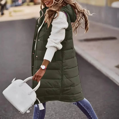 Casual Sleeveless Long Button Front Hooded Coat Outerwear
