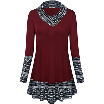 Cowl Neck Long Sleeve Patchwork Top
