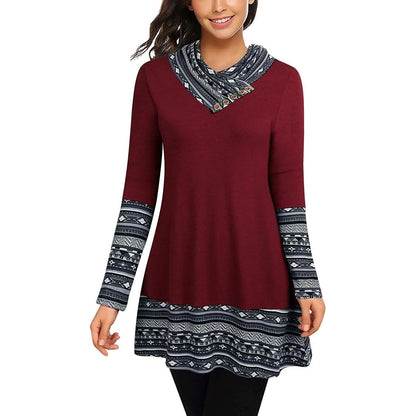 Cowl Neck Long Sleeve Patchwork Top