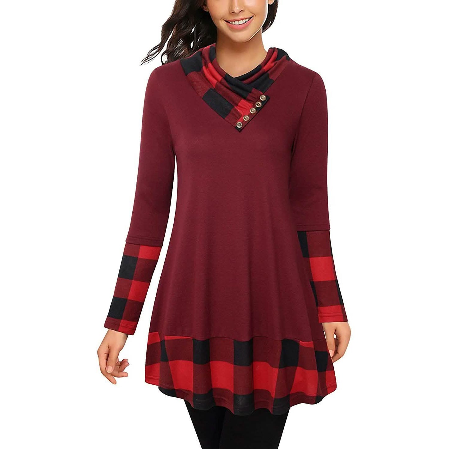 Cowl Neck Long Sleeve Patchwork Top
