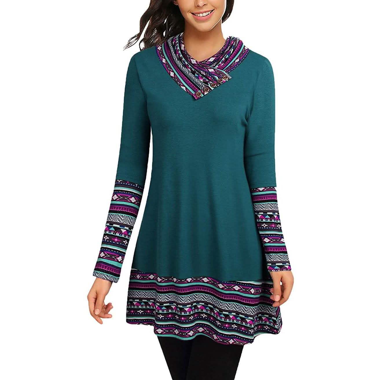 Cowl Neck Long Sleeve Patchwork Top