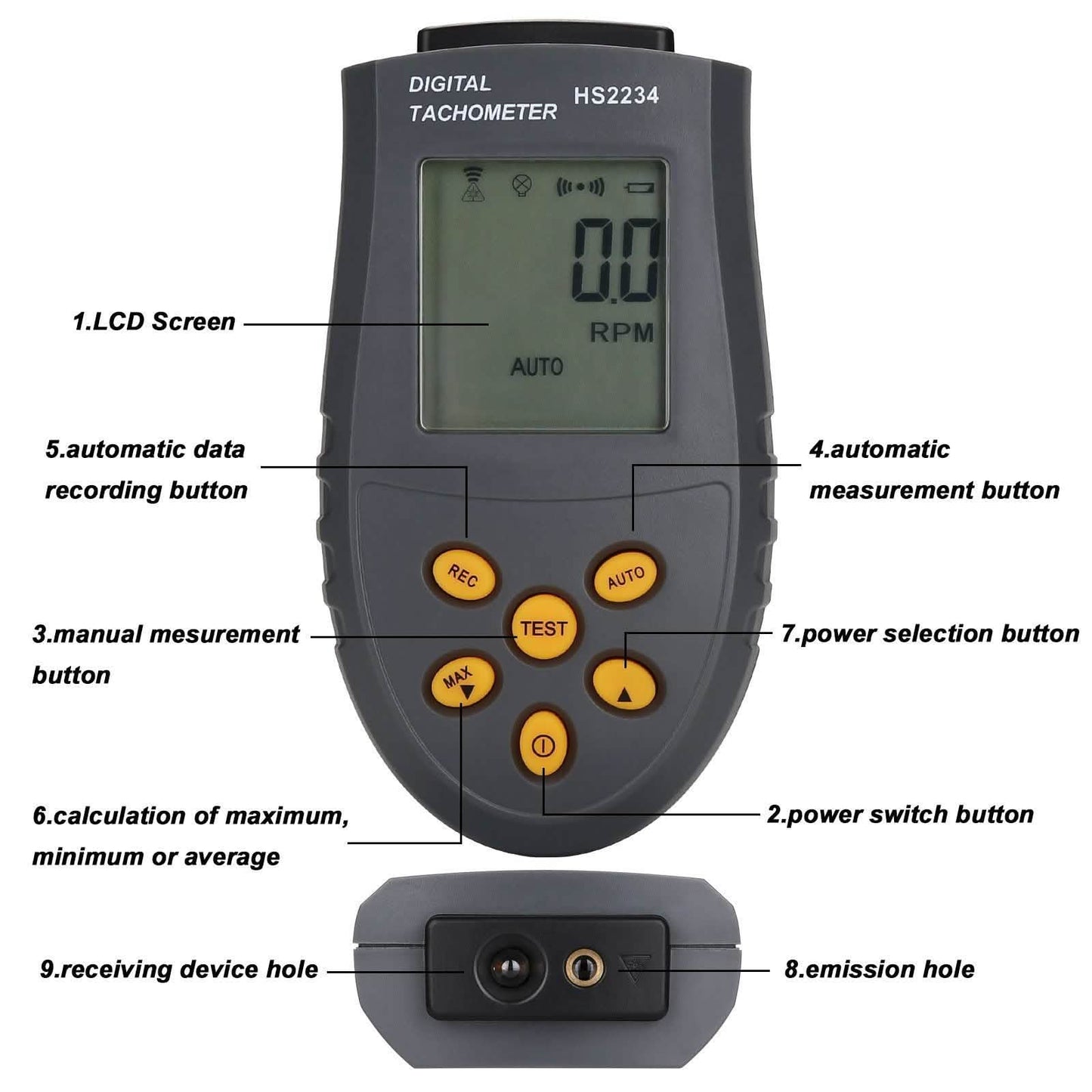 Digital Tachometer 2.5~99,999 RPM Accuracy Non-Contact Laser Photo Tachometer