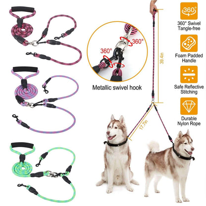 Double Dog Leash No-Tangle with Swivel Coupler Padded Handle