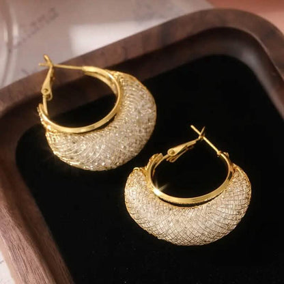 Elegant Crescent Mesh Hoop Earrings with Sparkling Cubic Zirconia