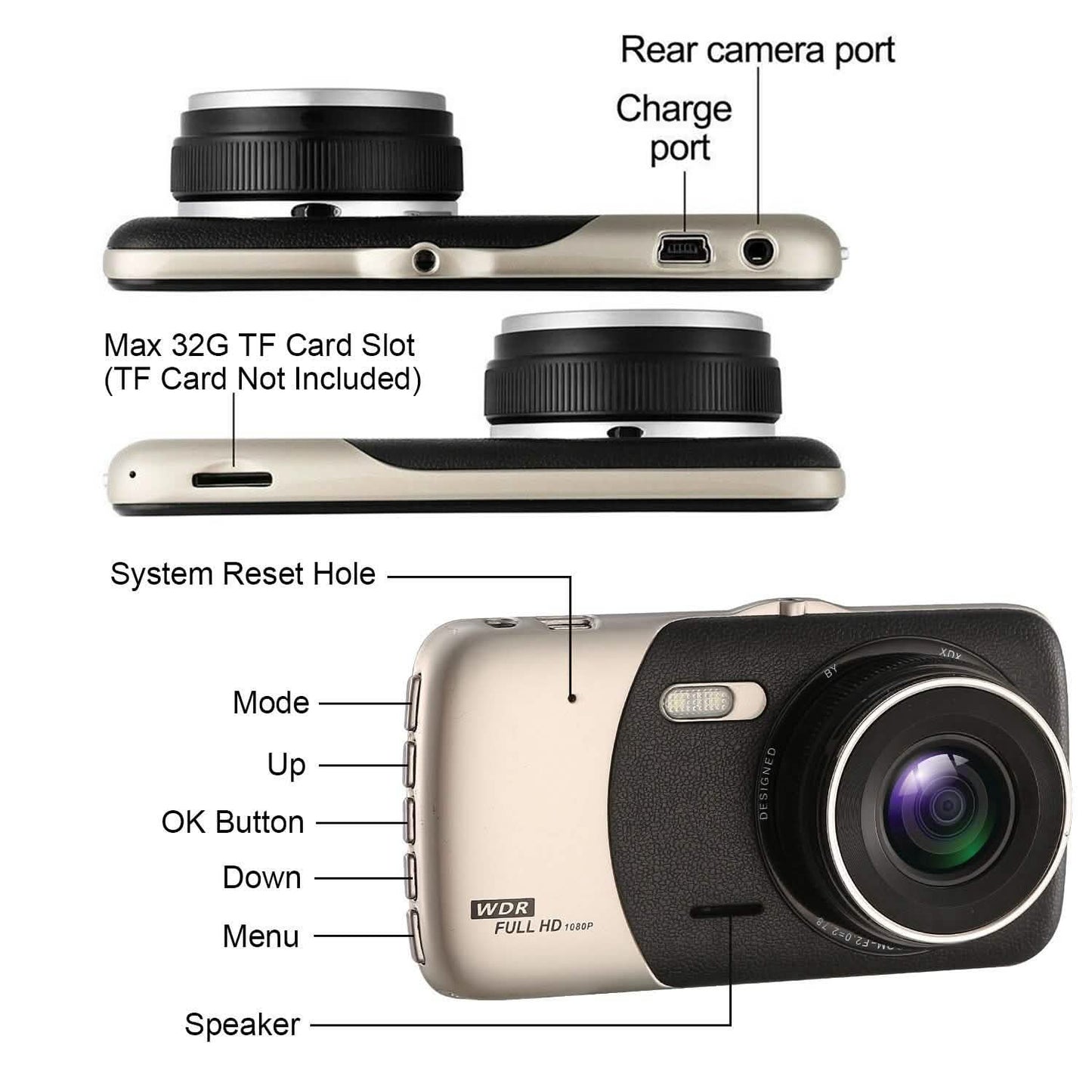 FHD 1080P Dash Cam 4" Screen Dual Cameras