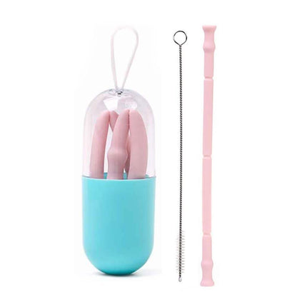 Foldable and Reusable Silicone Drinking Straw with Case
