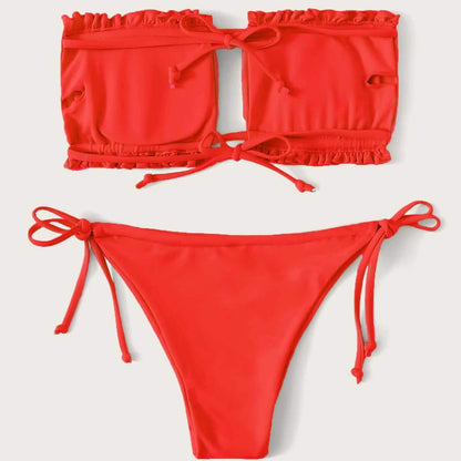 Frill Trim Bandeau Tie Side Bikini Swimsuit