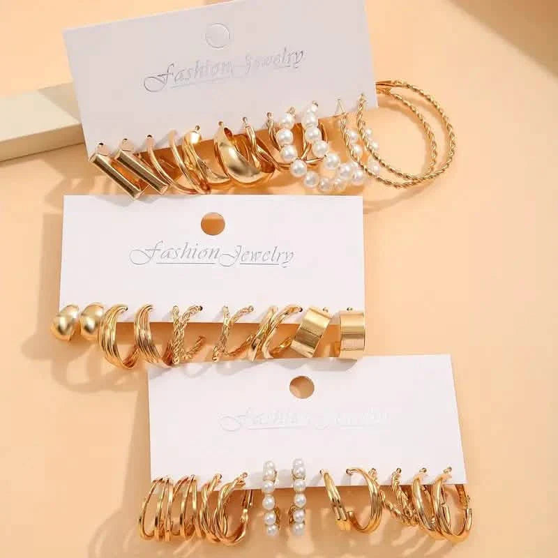 Gold-Tone Hoop Earrings Set with Faux Pearls