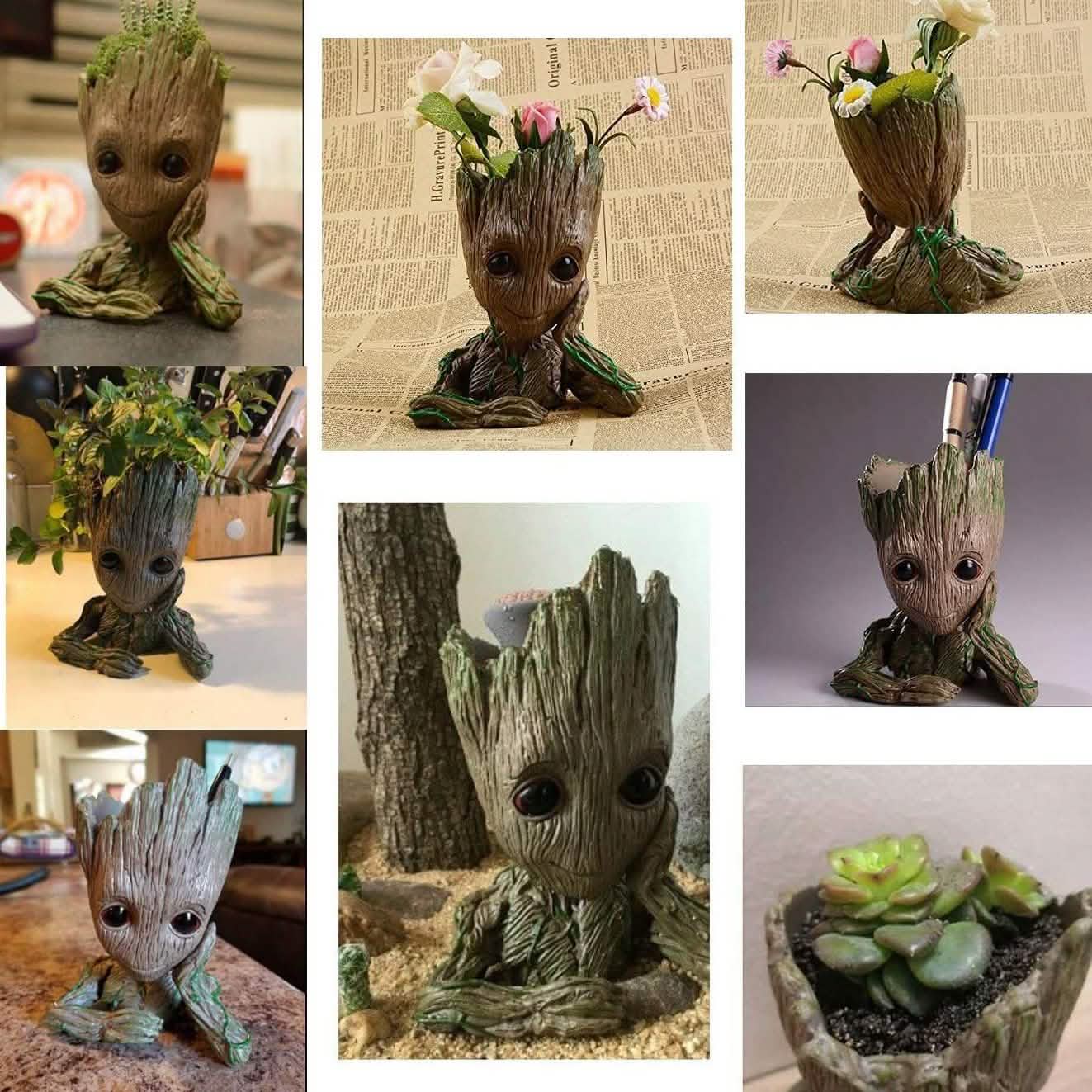Groot Pen Pot Tree Man Pens Holder or Flower Pot with Drainage Hole