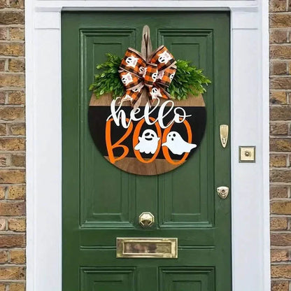 Halloween Round Wooden Board Front Door Decoration Wreath