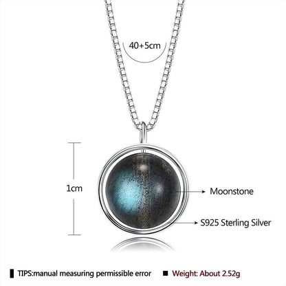 INALIS - 925 Sterling Silver Round Pendant Black Moonstone Necklace