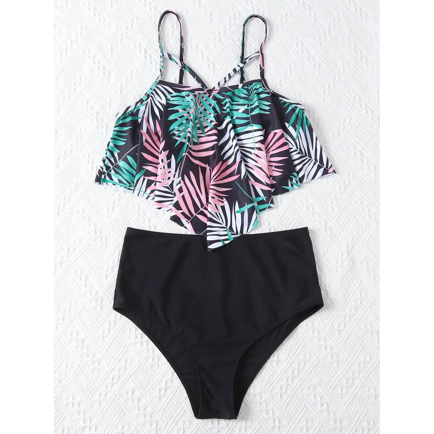 Leaf Print Hanky Hem High Waisted Bikini Swimsuit
