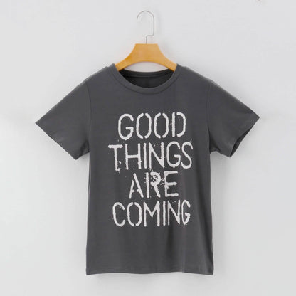 Letters Print Round Neck Short Sleeve Casual T-Shirt