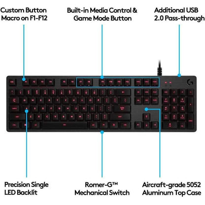 Logitech G413 Backlit Mechanical Gaming Keyboard USB Passthrough Carbon (Refurbished)