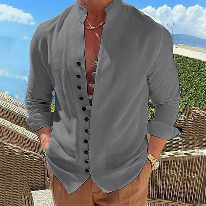 Men's Linen Button Up Shirt Long Sleeve Plain Band Collar
