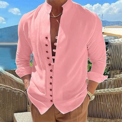 Men's Linen Button Up Shirt Long Sleeve Plain Band Collar