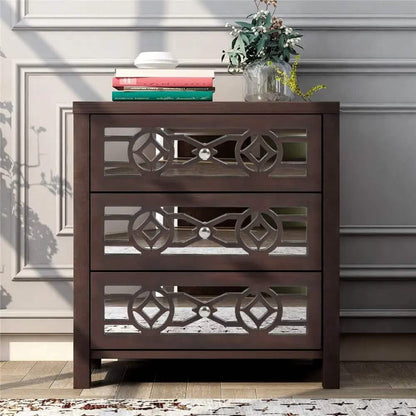 Mirrored Carved Pattern Modern Gold Finish Bedroom Nightstand
