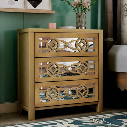 Mirrored Carved Pattern Modern Gold Finish Bedroom Nightstand
