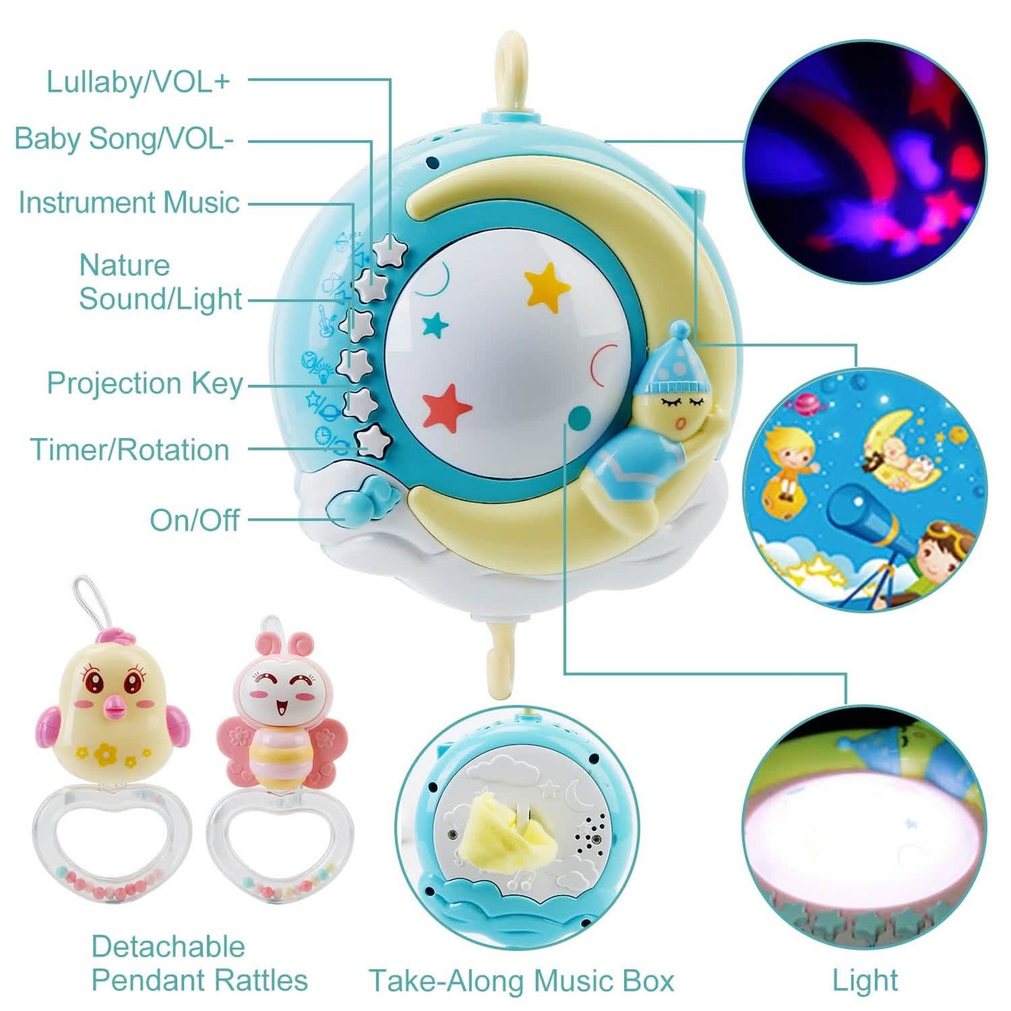 Mobile Star Projection Nursery Light Baby Rattle Toy with Music Box Remote Control