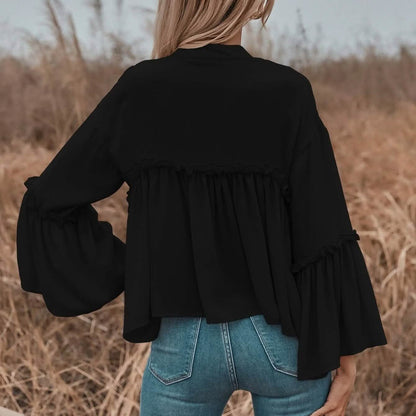 Notch Neck Frill Trim Flounce Sleeve Babydoll Blouse
