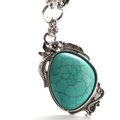 Novadab Antique Silver Tibet Turquoise Long Chain Silver Plated Necklace