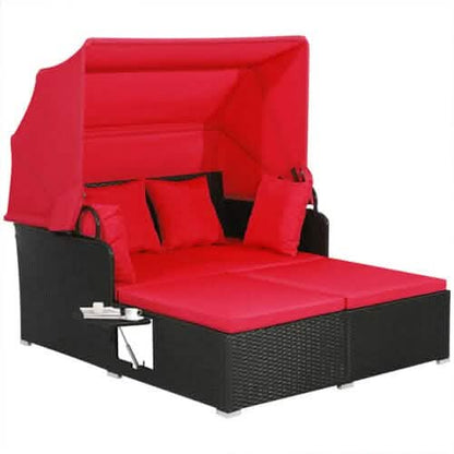 Patio Rattan Daybed with Retractable Canopy and Side Tables