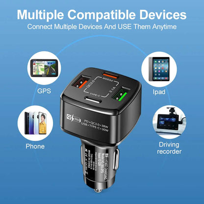 PBG 4 Port Car Charger and 4FT - 3 in 1 Nylon Cable Combo