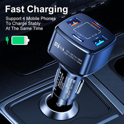 PBG 4-Port PD/USB Car Charger and 10FT Zebra Style Lightning Cable Bundle
