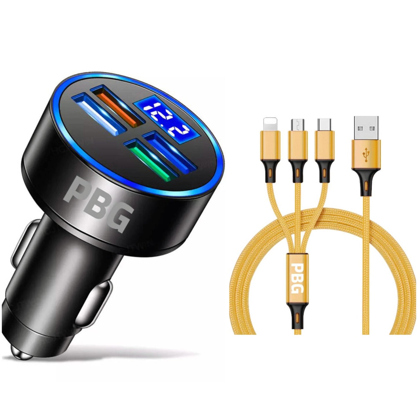 PBG LED 4 Port Car Charger Voltage Display and 3-in-1 Cable Bundle