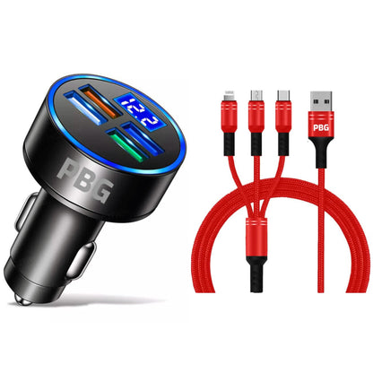 PBG LED 4 Port Car Charger Voltage Display and 3-in-1 Cable Bundle