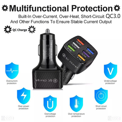PBG LED 6 Port Car Charger and 4Ft. 3-in-1 Cable Combo
