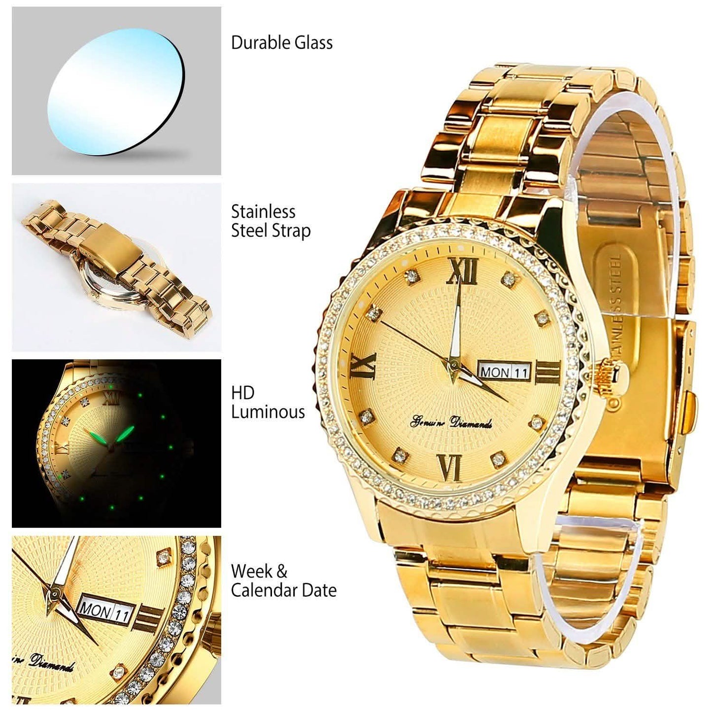Quartz Watch Luxury Crystal Rhinestone Gold Steel