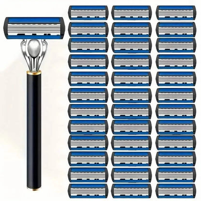 Replacement Razor Blades Safety Shaver Set with Anti-Slip Metal Handle with 1 Razor + 36 Blades