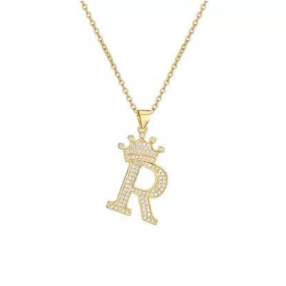 Stainless Steel Gold Overlay Hip Hop Crown A-Z Letters Necklace for Men and Women