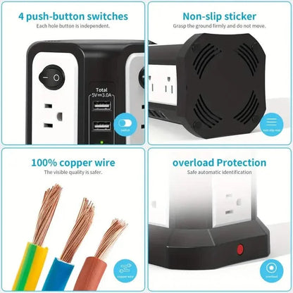 Surge Protector Tower 1800J with 4 USB A Ports, USB C (PD18W) Port, 12 AC Outlets and 10FT Cord
