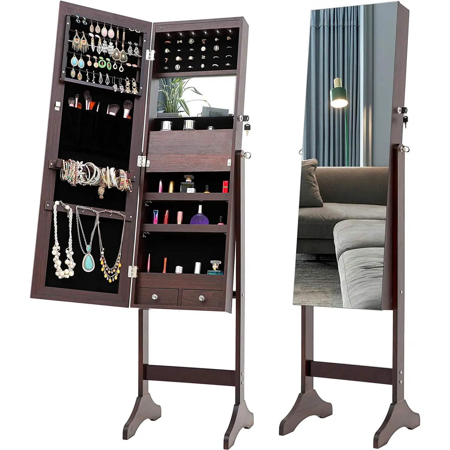 Tesmula Fashion Simple Jewelry Storage Mirror Cabinet With LED Lights
