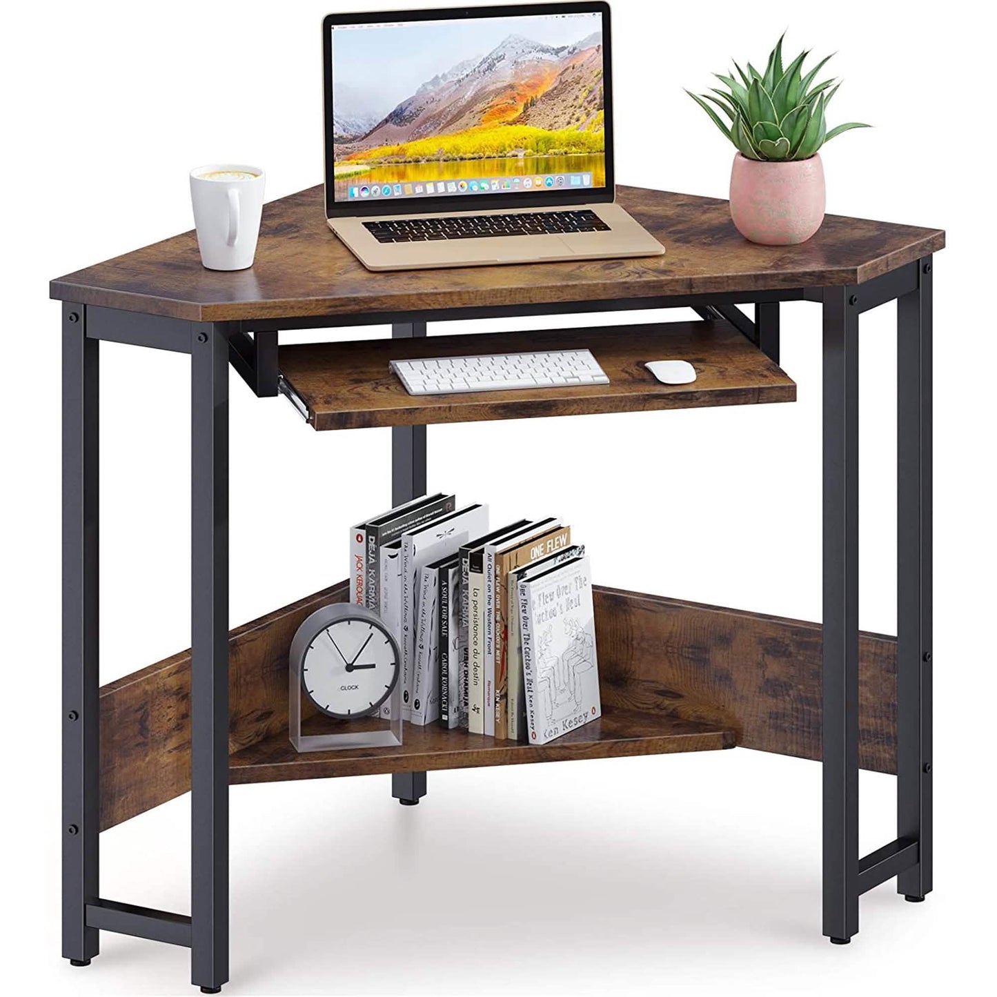 Triangle Computer Desk, Smooth Keyboard Tray& Storage Shelves