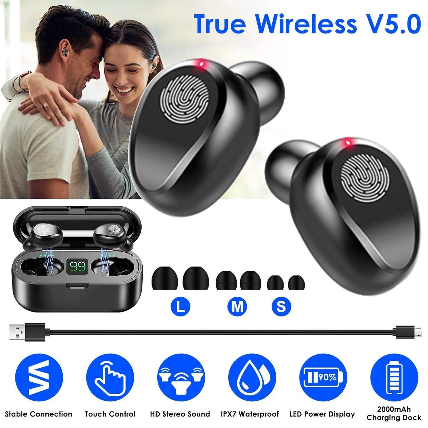 True Wireless V5.0 Earbuds with LED Display Magnetic Charging Dock