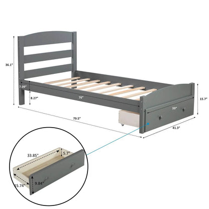 Twin Platform Bed Frame with Storage Drawer Headboard