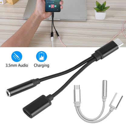 USB Type-C to 3.5mm Aux Audio Charging Adapter Braided Headphone Jack Splitter Cable