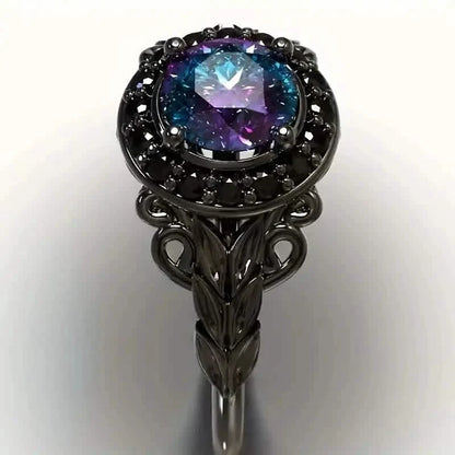 Vintage Gothic Style Synthetic Rainbow Stone Ring with Imitation Black Zirconia