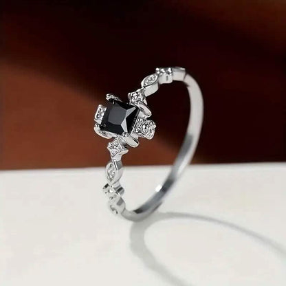Vintage-Inspired Black Square Cubic Zirconia Ring