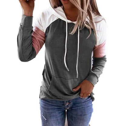 Winter Women’s Fashion Casual Sweatshirts Long Sleeve Hooded Pullover Loose Block Color Pockets Sweatshirts
