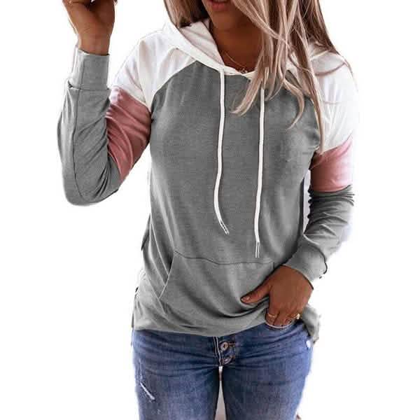 Winter Women’s Fashion Casual Sweatshirts Long Sleeve Hooded Pullover Loose Block Color Pockets Sweatshirts