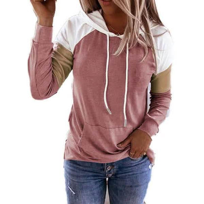 Winter Women’s Fashion Casual Sweatshirts Long Sleeve Hooded Pullover Loose Block Color Pockets Sweatshirts