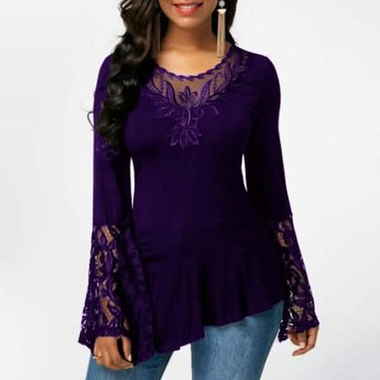 Women Casual Irregular T-shirt with Long-sleeved Lace Stitching Plus Size Shirts