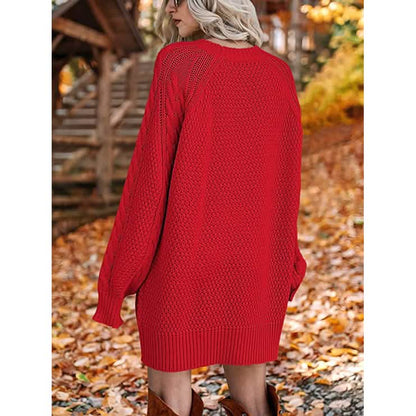 Women Crewneck Long Sleeve Oversized Cable Knit Chunky Pullover Short Sweater Dresses