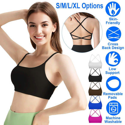 Women Cross Back Sport Bras Padded with Removable Pads Thin Straps