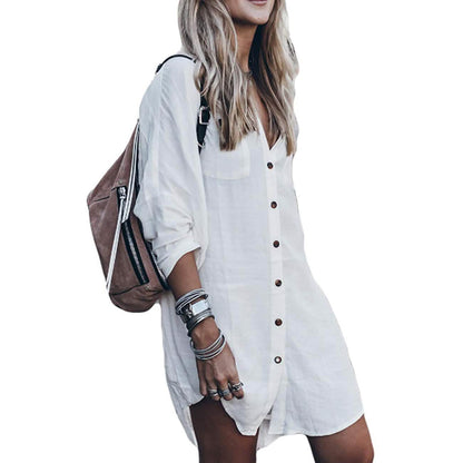 Women Loose Long Sleeve Swimsuit Cover Ups Button Down Beach Shirt