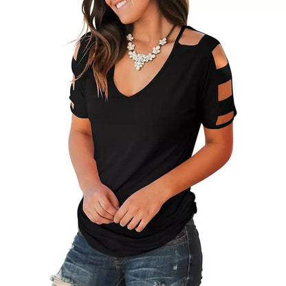 Women Short Sleeve Cut Out Cold Shoulder Tops Deep V Neck T Shirts